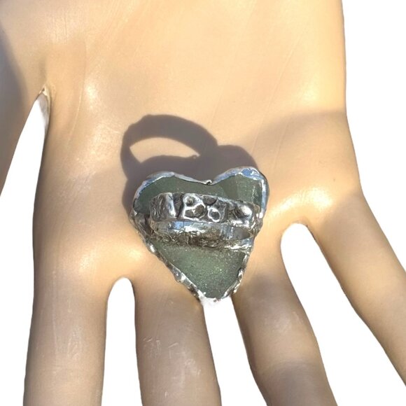 Sea Glass Cocktail Ring Artisan Crafted Silvery Metalwork “Heart of the Sea” Sz8 - Picture 5 of 15